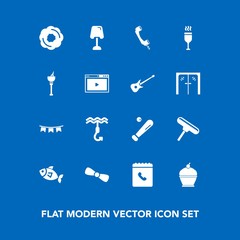 Modern, simple vector icon set on blue background with media, home, brush, league, sea, paint, doughnut, background, bucket, red, ice, lamp, baseball, celebration, drink, table, phone, internet icons