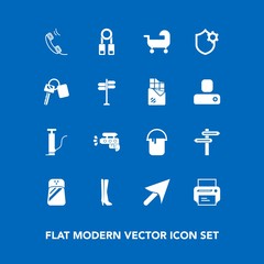 Modern, simple vector icon set on blue background with seasoning, baby, fashion, street, web, pepper, car, painter, direction, gun, phone, sign, water, play, banner, technology, food, security icons
