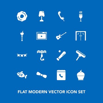 Modern, simple vector icon set on blue background with media, home, brush, league, sea, paint, doughnut, background, bucket, red, ice, lamp, baseball, celebration, drink, table, phone, internet icons
