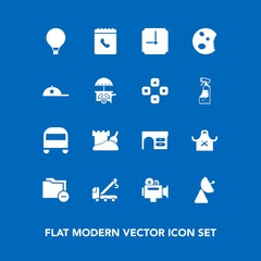 Modern, simple vector icon set on blue background with cake, time, vehicle, parachuting, internet, tow, file, parachute, book, sweet, video, folder, signal, accident, desk, transportation, chief icons