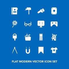 Modern, simple vector icon set on blue background with game, tool, kid, child, equipment, phone, clothes, wind, electricity, clothing, book, divider, candy, food, message, poker, energy, box icons