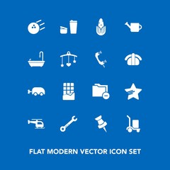 Modern, simple vector icon set on blue background with ball, star, bar, data, delivery, toilet, vegetable, map, can, equipment, dessert, cup, transport, corn, pin, cafe, gardening, business, fun icons