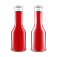 Vector Set of Blank Glass Glossy Red Tomato Ketchup Bottle for Branding without label Isolated on White Background
