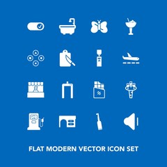 Modern, simple vector icon set on blue background with scan, white, xray, sound, gas, liquid, desk, supermarket, sweet, wine, drink, market, work, music, butterfly, up, toothbrush, brush, store icons