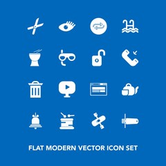 Modern, simple vector icon set on blue background with box, face, bell, teapot, replace, flash, substitute, garbage, drum, instrument, gardening, work, river, garden, beverage, girl, alert, tea icons