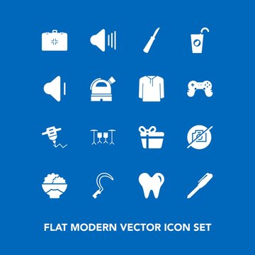 Modern, simple vector icon set on blue background with juice, agriculture, sound, office, food, stationery, hand, white, drink, work, knife, dentist, gift, drill, music, camera, grain, rice, up icons