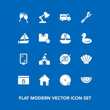 Modern, simple vector icon set on blue background with watermelon, disk, alcohol, street, equipment, marine, hospital, cd, nature, health, lock, spanner, disc, castle, building, estate, no, sign icons