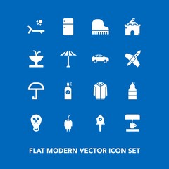 Modern, simple vector icon set on blue background with fridge, culture, japan, jacket, medieval, bus, refrigerator, cable, restaurant, piano, left, castle, paint, summer, bird, water, house, art icons