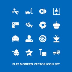 Modern, simple vector icon set on blue background with furniture, kitchen, architecture, vehicle, kamon, fiction, japan, food, social, sofa, transport, table, domestic, delivery, truck, white icons