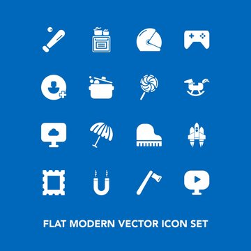 Modern, simple vector icon set on blue background with frame, baseball, cloud, rain, oven, parasol, cooking, tool, motorcycle, weather, joystick, sport, craft, axe, musical, magnet, kitchen icons