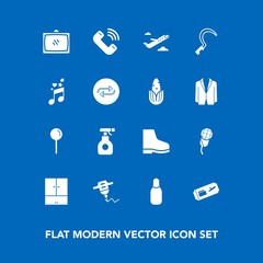 Modern, simple vector icon set on blue background with machine, departure, sound, sign, entertainment, chemical, karaoke, phone, footwear, mic, map, hand, air, ticket, travel, television, call icons