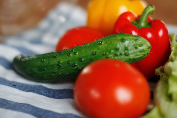 Fresh vegetables: tomatoes, green cucumber red Bulgarian pepper on the table