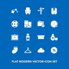 Modern, simple vector icon set on blue background with furniture, pie, hanger, direction, room, tv, entertainment, money, percent, casino, socks, food, cake, clothes, sweet, scan, suit, winter icons
