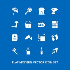 Modern, simple vector icon set on blue background with pan, clean, fly, location, travel, work, surveillance, shop, food, technology, laboratory, wax, camera, safety, table, identity, tool, pin icons