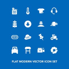 Modern, simple vector icon set on blue background with dessert, tractor, car, chair, doughnut, field, white, health, video, camera, sign, vehicle, clothes, armchair, temperature, spacecraft, map icons