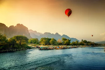 Fotobehang Beautiful views of the mountains and the balloon tour, landmarks travels Vang Vieng, Laos. © olezzo