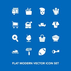 Modern, simple vector icon set on blue background with piece, observatory, market, icecream, game, football, food, style, travel, bag, ocean, coffee, chef, sea, headwear, retail, roller, object icons
