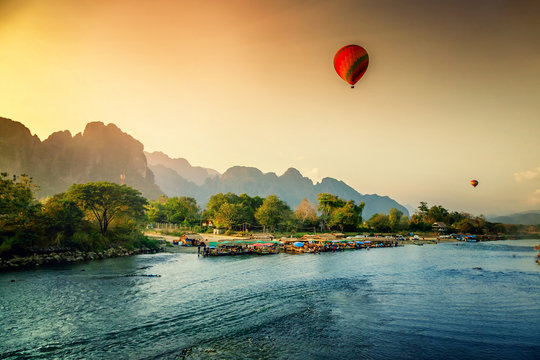 Beautiful views of the mountains and the balloon tour, landmarks travels Vang Vieng, Laos.