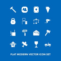 Modern, simple vector icon set on blue background with poker, glass, hammer, plane, cream, bottle, people, tool, paint, nutrition, play, equipment, car, message, roller, communication, group icons