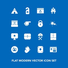 Modern, simple vector icon set on blue background with hotel, winter, game, tent, builder, helmet, clothes, drawer, technology, play, space, web, supermarket, label, rocket, travel, website, tv icons