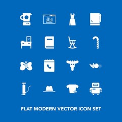Modern, simple vector icon set on blue background with interior, butterfly, fun, fashion, cooking, website, pin, notebook, clothing, furniture, shirt, notepad, nature, cabinet, hat, meat, page icons