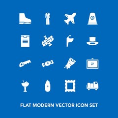 Modern, simple vector icon set on blue background with construction, saw, bouquet, dress, picture, flight, airplane, footwear, alcohol, floral, shipping, drink, female, room, work, frame, travel icons