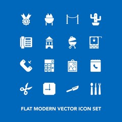 Modern, simple vector icon set on blue background with desert, meat, winner, stone, sign, well, hour, restaurant, prize, water, image, business, kitchen, green, tower, spoon, communication, old icons