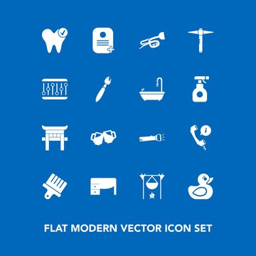 Modern, simple vector icon set on blue background with trumpet, play, call, bonfire, desk, pub, healthy, flame, support, music, lamp, center, brush, japan, dental, duck, white, rubber, shrine icons