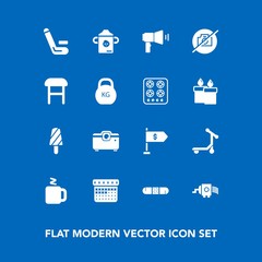 Modern, simple vector icon set on blue background with calendar, no, plastic, health, nutrition, timetable, food, day, cricket, transport, kitchen, summer, photo, camera, finance, drink, money icons