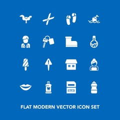 Modern, simple vector icon set on blue background with cut, file, lips, house, document, food, health, love, save, bride, dessert, water, female, brush, buoy, danger, data, groom, footwear, home icons