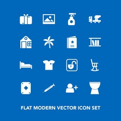 Modern, simple vector icon set on blue background with bedroom, chair, clothing, account, chemical, open, mixer, furniture, present, sign, security, concrete, holiday, old, add, office, sprayer icons