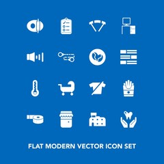 Modern, simple vector icon set on blue background with sound, white, cooking, check, fast, dental, jam, volume, desk, food, thermometer, french, pan, clothing, parachuting, work, city, kitchen icons
