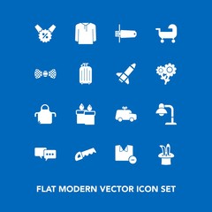 Modern, simple vector icon set on blue background with construction, white, price, candle, jacket, male, childhood, wax, flash, fashion, chef, memory, kitchen, carriage, sale, card, magic, child icons
