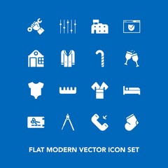 Modern, simple vector icon set on blue background with helmet, fashion, instrument, button, costume, template, architecture, call, city, clothes, website, equality, house, kid, brush, equipment icons