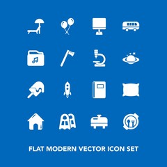 Modern, simple vector icon set on blue background with laptop, pillow, celebration, paper, launch, water, pc, dessert, cream, ice, soft, table, book, umbrella, white, house, real, heater, beach icons