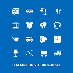 Modern, simple vector icon set on blue background with music, plant, equipment, vacation, chemistry, cart, mask, truck, finance, hospital, molecule, decoration, table, ambulance, musical, water icons