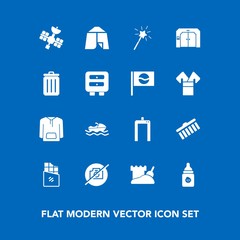 Modern, simple vector icon set on blue background with vessel, dessert, bar, ocean, sign, trash, garbage, elevator, sand, no, shape, chocolate, camp, plastic, collection, bottle, adventure, tent icons
