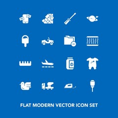 Modern, simple vector icon set on blue background with airport, kid, geography, animal, lamp, communication, lantern, phone, map, clothes, electric, beauty, street, travel, planet, wildlife, sky icons