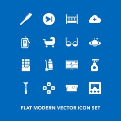 Modern, simple vector icon set on blue background with spray, cradle, equipment, health, internet, chocolate, transportation, shipping, video, child, game, add, wireless, antenna, baby, delivery icons