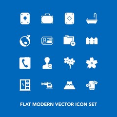 Modern, simple vector icon set on blue background with plane, poker, mobile, object, id, airplane, communication, transport, travel, lava, account, bag, sakura, delete, profile, bathroom, book icons