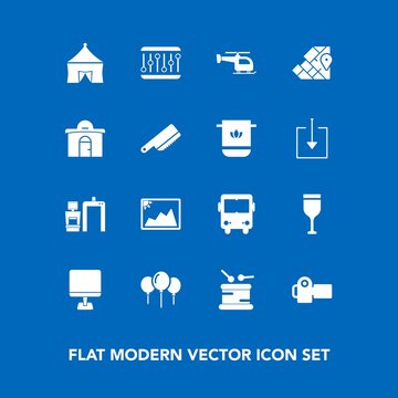 Modern, simple vector icon set on blue background with wine, instrument, atlas, alcohol, machine, drink, estate, image, decoration, pc, musical, xray, photographer, internet, drum, picture, map icons