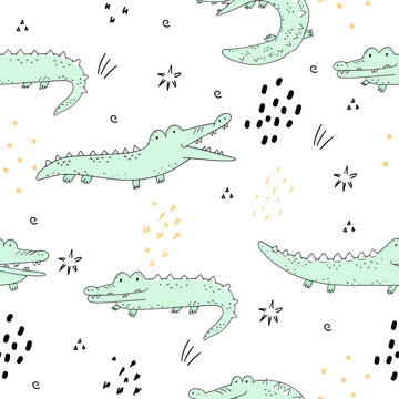 Cute hand drawn seamless pattern with funny crocodiles.