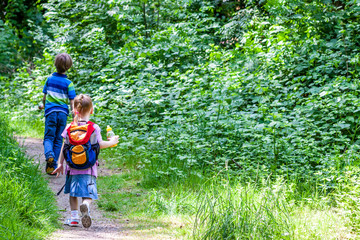 Little boy and girl hiking in the nature