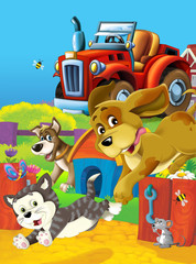 Obraz na płótnie Canvas cartoon happy and funny farm scene with tractor - car for different tasks - illustration for children