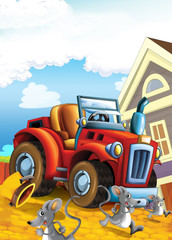 cartoon scene with tractor and animals - vehicle for different tasks - illustration for children 