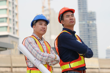 Engineering grop working together at outdoor,happy Teamwork concept.