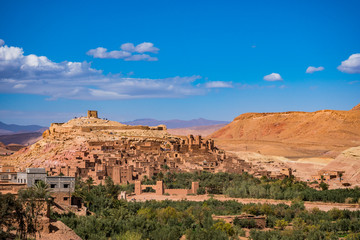 Fototapeta na wymiar Ancient fortified village Ksar of Ait-Ben-Haddou or Benhaddou which is located along the former caravan route between the Sahara desert and Marrakesh