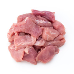 Raw chopped beef meat pieces isolated om white background cut out.