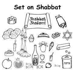 A set of graphic black and white elements on the Jewish holiday Shabbat. Doodle, lettering. Hand draw, sketch. Vector illustration on isolated background.