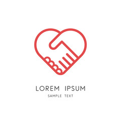 Partnership business outline logo - two hands make a deal and heart symbol. Handshake, cooperation and teamwork, love and relationship vector icon.
